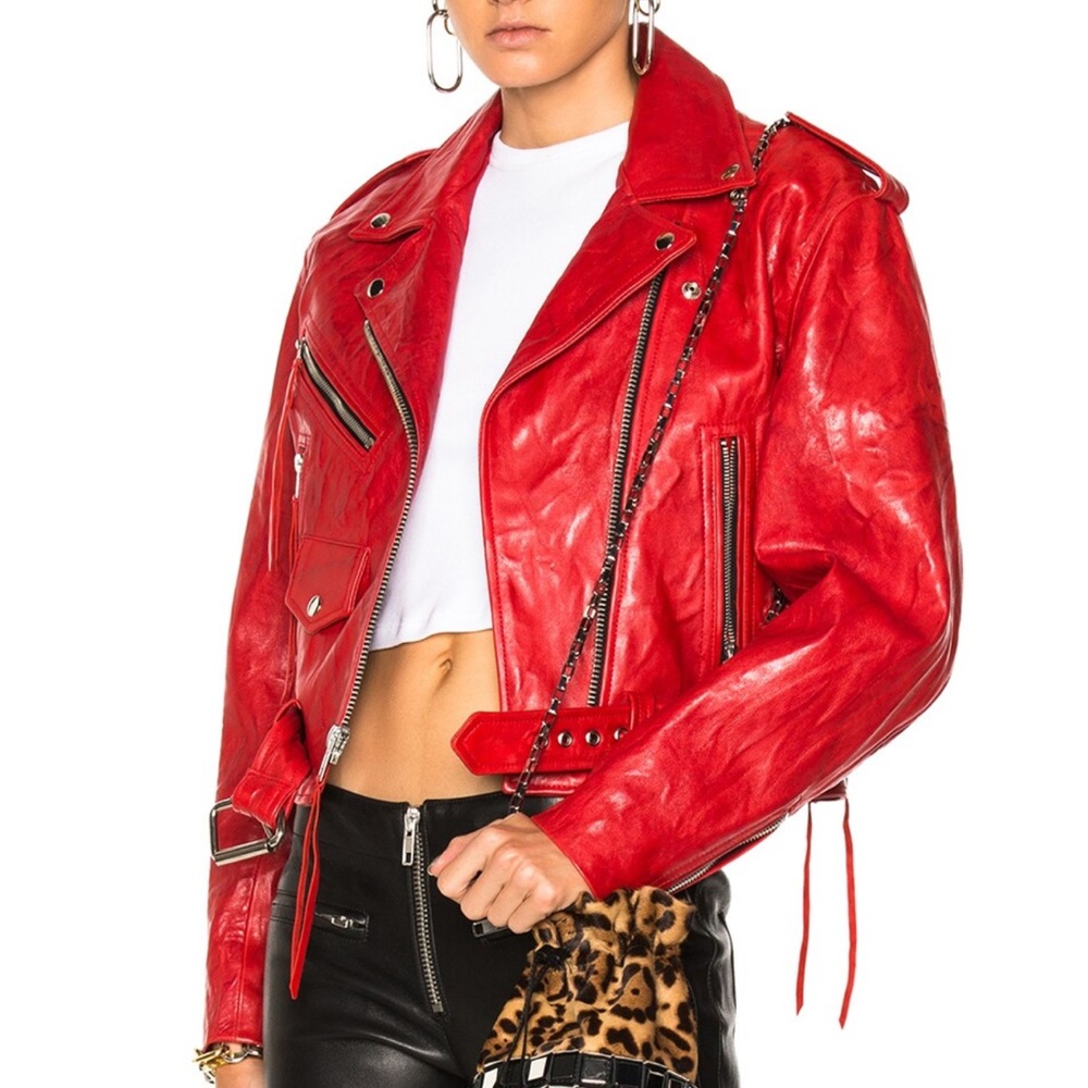 ADAPTATION Cropped Red Leather Moto Jacket